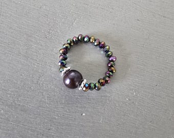 Peacock Freshwater Pearl stretch ring Sterling Silver or 14K Gold Fill real black pearl & crystal beaded ring June BIRTHSTONE jewellery gift