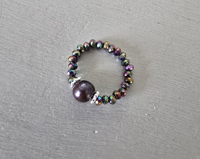 Peacock Freshwater Pearl stretch ring Sterling Silver or 14K Gold Fill real black pearl & crystal beaded ring June BIRTHSTONE jewellery gift