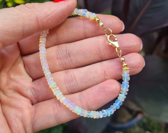 Tiny Ethiopian OPAL Bracelet Gold / Silver real 4mm Welo Opal gemstone bead Bracelet OCTOBER Birthstone jewellery gift 14th anniversary gift
