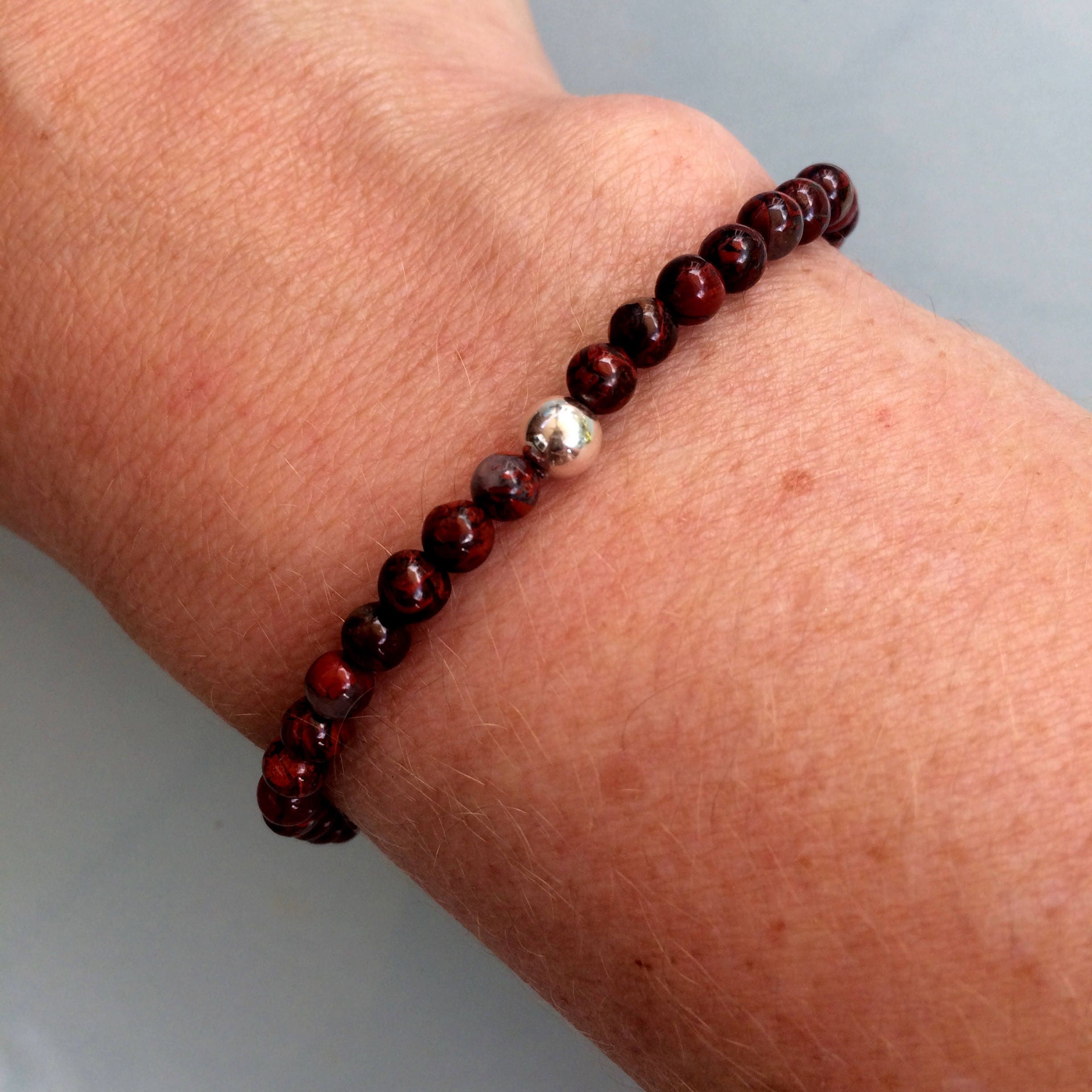 Red Jasper gemstone bead stretch Bracelet with Sterling Silver or 14K