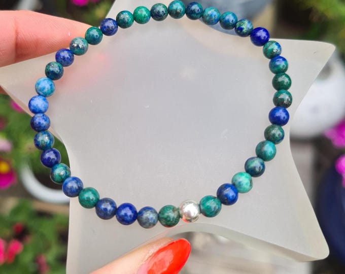 Blue Lapis in Azurite stretch Bracelet Sterling Silver / Gold Fill tiny 4mm tiny blue and green gemstone bead bracelet chakra jewellery gift