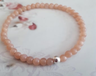 Tiny Peach Moonstone stretch Bracelet Sterling Silver 4mm orange gemstone bead Bracelet small Beaded Chakra June Birthstone jewellery gift