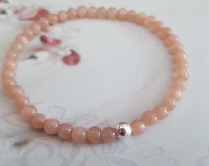 Tiny Peach Moonstone stretch Bracelet Sterling Silver 4mm orange gemstone bead Bracelet small Beaded Chakra June Birthstone jewellery gift