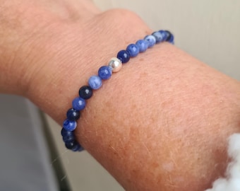 Tiny Blue gemstone bead stretch Bracelet Sterling Silver or 14K Gold Fill 4mm blue Sodalite bracelet - throat chakra calm jewellery gift