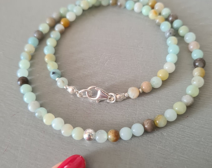 Green Amazonite necklace choker Sterling Silver or Gold Fill tiny 4mm multi green gemstone bead necklace Yoga Healing Chakra jewellery gift