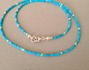 Tiny Turquoise choker necklace Silver or Gold 2mm blue Turquoise Heishi bead gemstone necklace December Birthstone jewellery gift for her