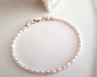 Tiny Freshwater seed Pearl Bracelet Sterling Silver small white real pearl Bracelet simple rice pearl bracelet Baroque pearl jewellery gift