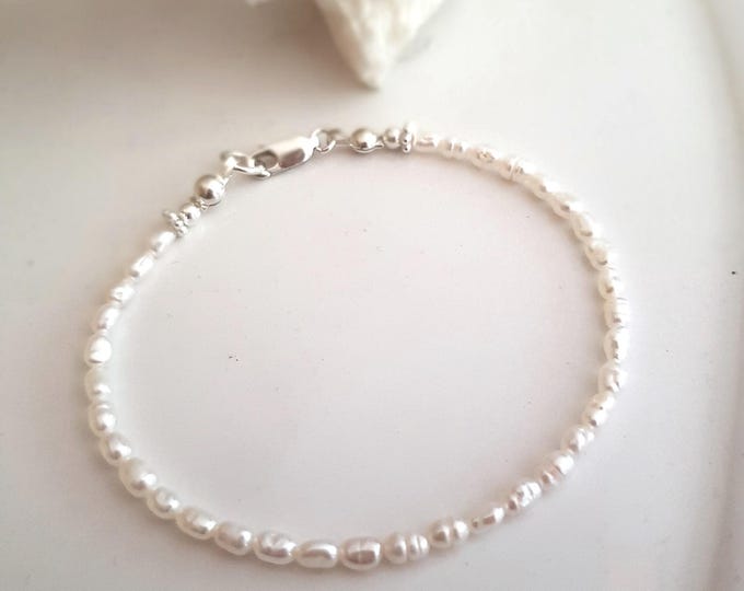 Tiny Freshwater seed Pearl Bracelet Sterling Silver small white real pearl Bracelet simple rice pearl bracelet Baroque pearl jewellery gift