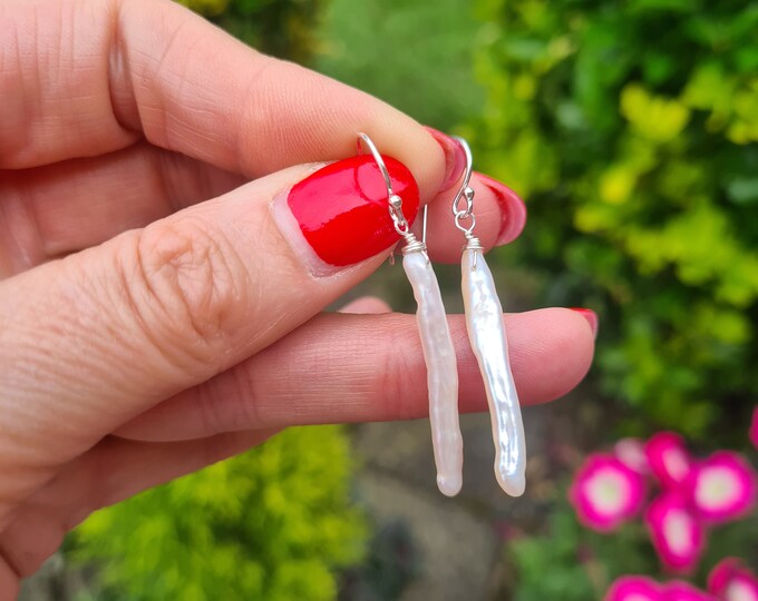 Freshwater stick pearl earrings Sterling Silver or Gold Fill pearl drop earrings UNUSUAL pearl earrings - June Birthstone jewellery gift