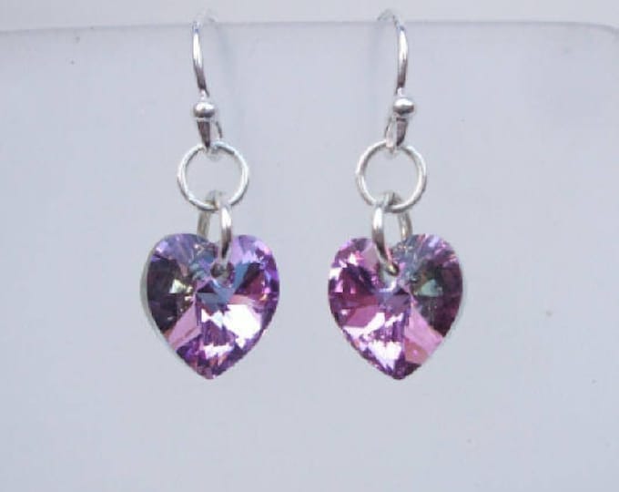 Small Light Vitrail Swarovski crystal heart earrings - Sterling Silver or Gold Fill  - Sparkly lilac purple Swarovski jewellery gift for mum