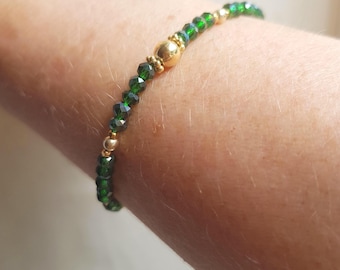 Tiny green crystal stretch bracelet Gold Fill or Sterling Silver 3mm small AB Emerald green beaded bracelet May Birthstone jewellery gift