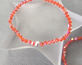 Orange AB crystal stretch bracelet Sterling Silver or Gold Fill small tiny 4mm orange pink crystal bead bracelet Stacking jewelry gift girl