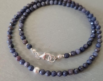 Real Raw Sapphire necklace choker Sterling Silver tiny 3mm navy blue gemstone bead necklace September Birthstone jewelry anniversary gift