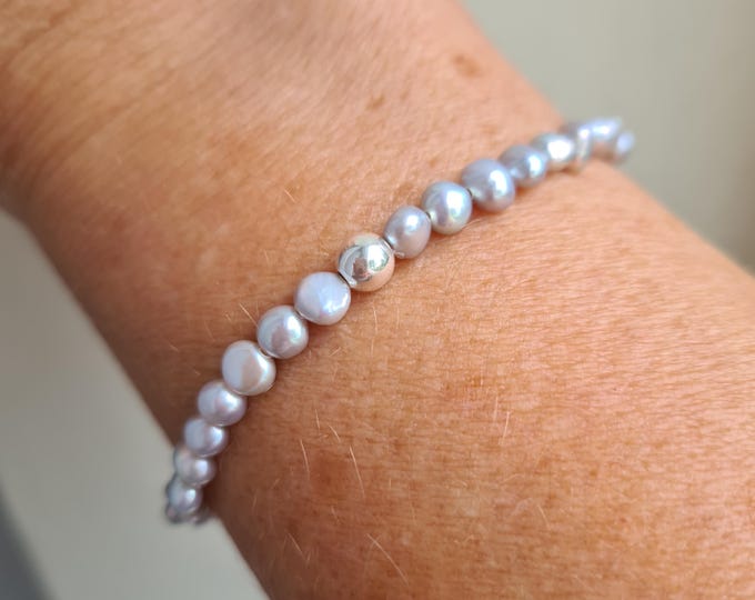 Tiny Grey Freshwater Pearl STRETCH Bracelet Sterling Silver or Gold Fill grey Baroque pearl Bracelet June Birthstone jewellery gift for her