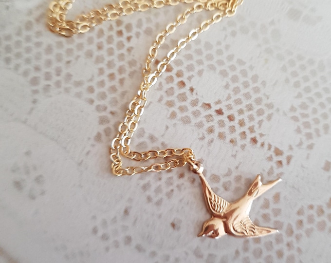 14K Gold Fill chain tiny bird necklace choker with 24K Gold Vermeil small swallow bird pendant Gold Filled jewellery gift bird watcher lover