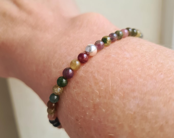 Watermelon Tourmaline STRETCH Bracelet Sterling Silver Gold Fill tiny 4mm multicolour gemstone bead bracelet October Birthstone jewelry gift
