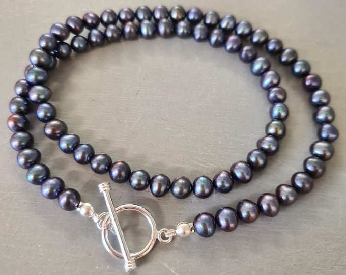 Peacock Black Freshwater Pearl necklace Sterling Silver 6mm real black pearl necklace or choker large AA Freshwater Pearl jewellery gift