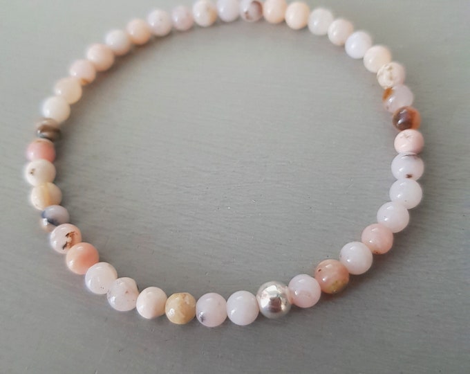 Pink Peruvian Opal stretch Bracelet Sterling Silver or Gold Fill 4mm tiny natural pink gemstone bead Bracelet October Birthstone Jewellery