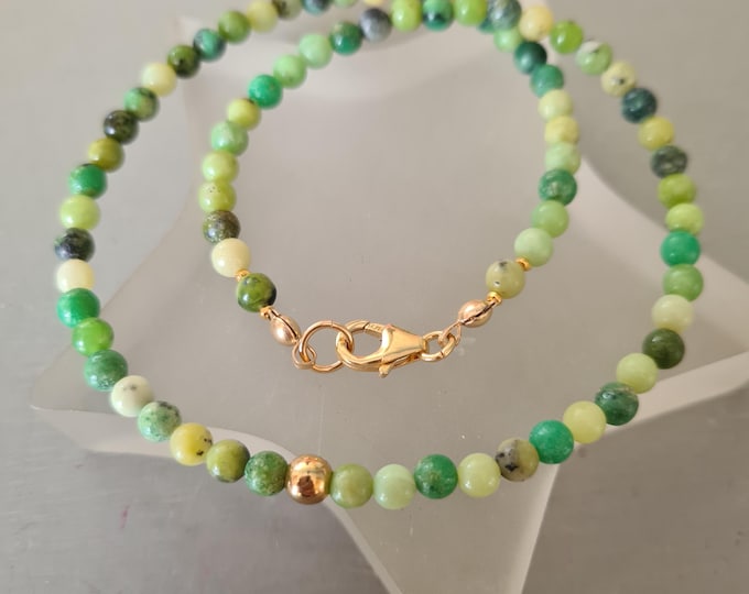 Green Chrysoprase necklace choker Sterling Silver or Gold Fill tiny 4mm green gemstone bead necklace -Chakra - May Birthstone jewellery gift