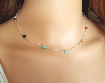 Tiny 7 chakra necklace choker Sterling Silver 4mm wire wrapped RAINBOW multi gemstone bead necklace Yoga Chakra jewellery gift for her girl