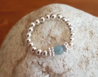 Aquamarine stretch ring Sterling Silveror Gold Fill tiny blue gemstone bead ring - March Birthstone jewellery gift for girl mum