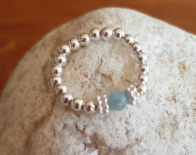 Aquamarine stretch ring Sterling Silveror Gold Fill tiny blue gemstone bead ring - March Birthstone jewellery gift for girl mum