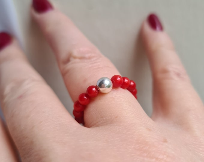 RED CORAL stretch ring wih Sterling Silver or 14K Gold Fill accent bead - Boho ring  Healing Yoga jewelry Root chakra jewellery gift