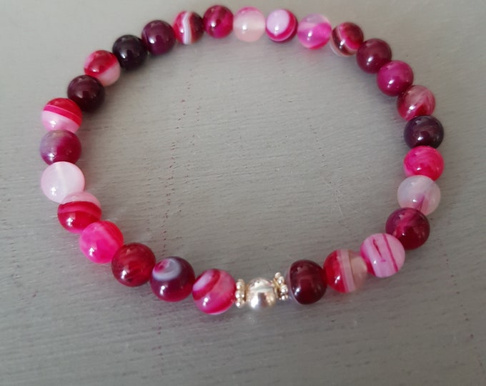 PINK Agate stretch Bracelet Sterling Silver or Gold Fill small 6mm Fushia pink gemstone bead bracelet Boho stacking jewellery Arthritis gift