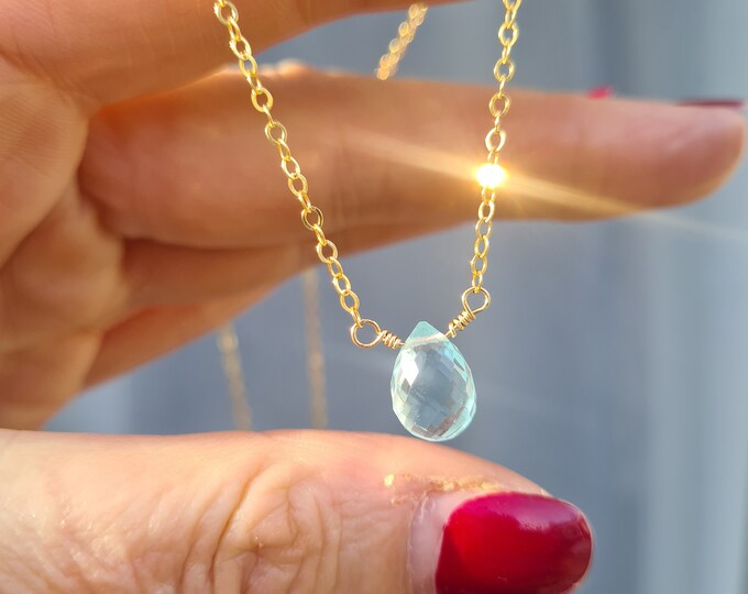 Aquamarine Quartz necklace 14K Gold Fill tiny Aquamarine teardrop gemstone necklace pendant March Birthstone jewellery gift Throat Chakra