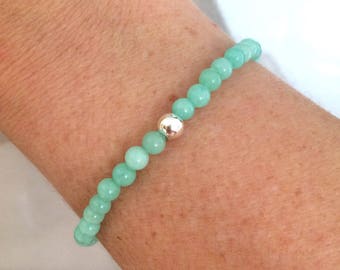Tiny AQUA green JADE STRETCH gemstone bead stretch Bracelet with Sterling Silver or Gold Fill accent bead -  heart Chakra jewellery gift
