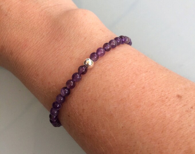 AMETHYST stretch Bracelet with Sterling Silver or 14K Gold accent bead February Birthstone jewellery gift Crown Chakra jewelry for her / him