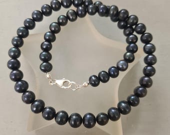 Black Freshwater Pearl necklace choker Sterling Silver / Gold Fill Large 8-9mm real AA jet Black pearl necklace June Birthstone jewelry gift