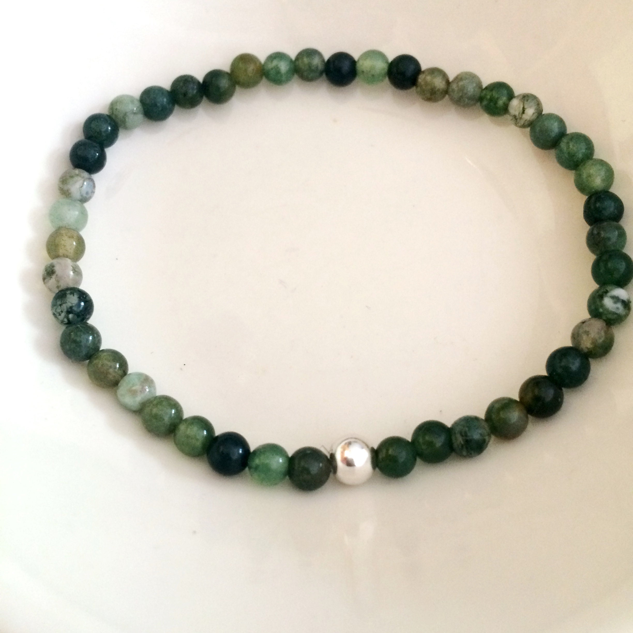 Green Moss Agate stretch Bracelet with Sterling Silver or Gold Fill