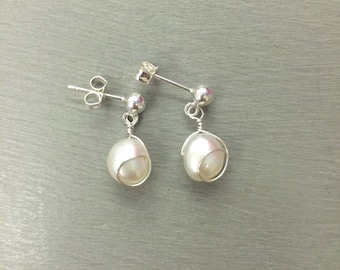White Baroque Freshwater pearl earrings Sterling Silver Gold Fill wire wrapped pearl drop earrings real pearl June Birthstone jewelry gift