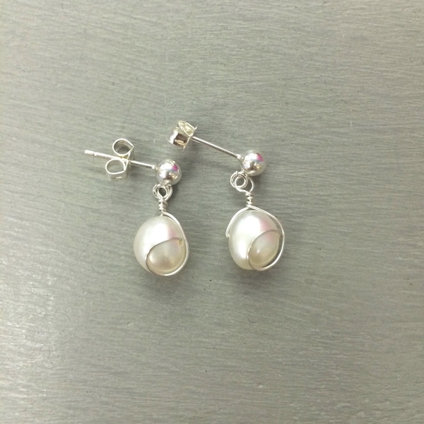 White Baroque Freshwater pearl earrings Sterling Silver Gold Fill wire wrapped pearl drop earrings real pearl June Birthstone jewelry gift