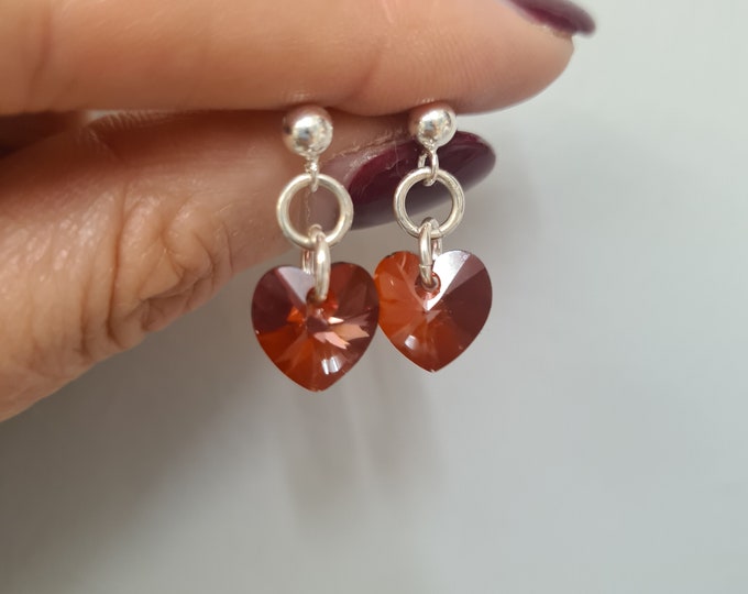 Small red Swarovski crystal heart earrings on Sterling Silver or 14K Gold Fill  gift for teenage girl mum sister