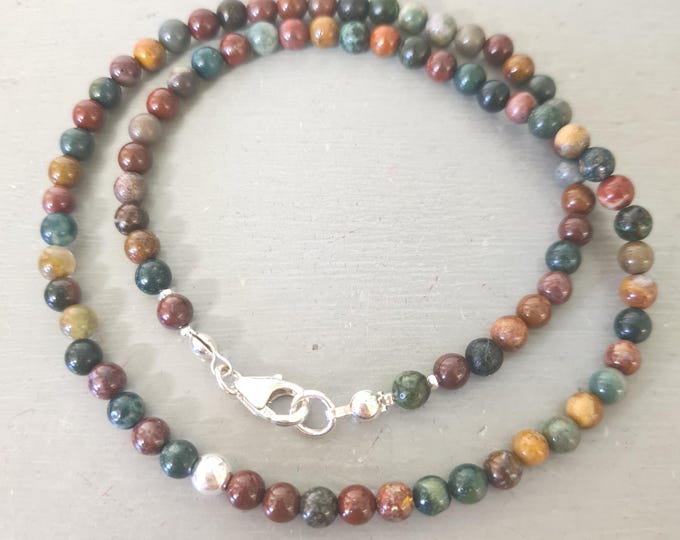 Green Jasper choker necklace Sterling Silver / Gold Fill tiny 4mm green gemstone bead necklace Ocean Jasper Heart Chakra jewellery gift