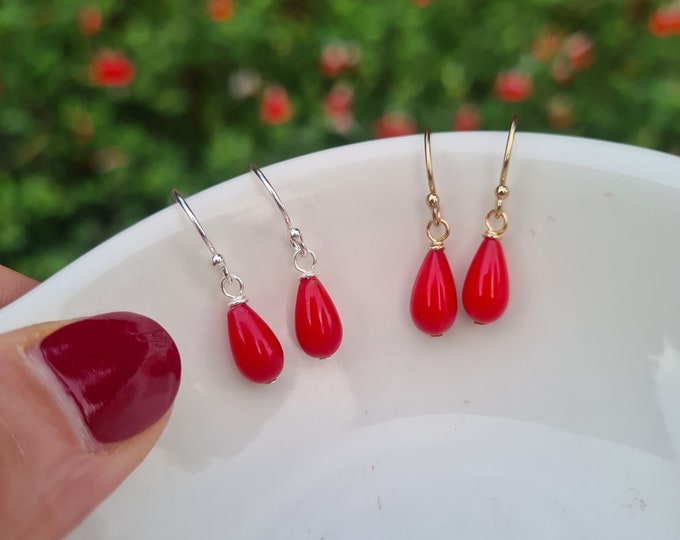 Tiny red Coral earrings Sterling Silver or Gold Fill small red Coral tear drop earrings red gemstone jewellery Chakra jewelry gift for girl