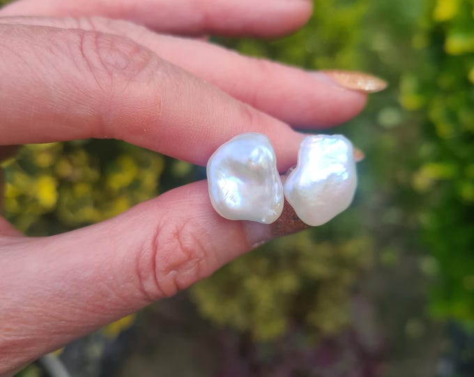 Large Baroque pearl stud earrings Sterling Silver real white Keshi Freshwater pearl studs Unique June Birthstone jewellery gift for her him