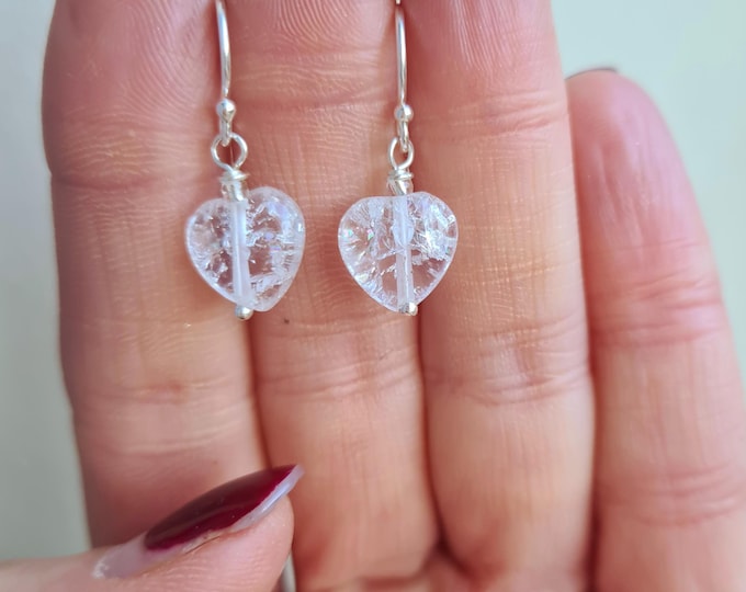 Small Clear Quartz heart earrings Sterling Silver Gold Fill crackled Rock Crystal Quartz earrings April Birthstone jewelry gift for her girl