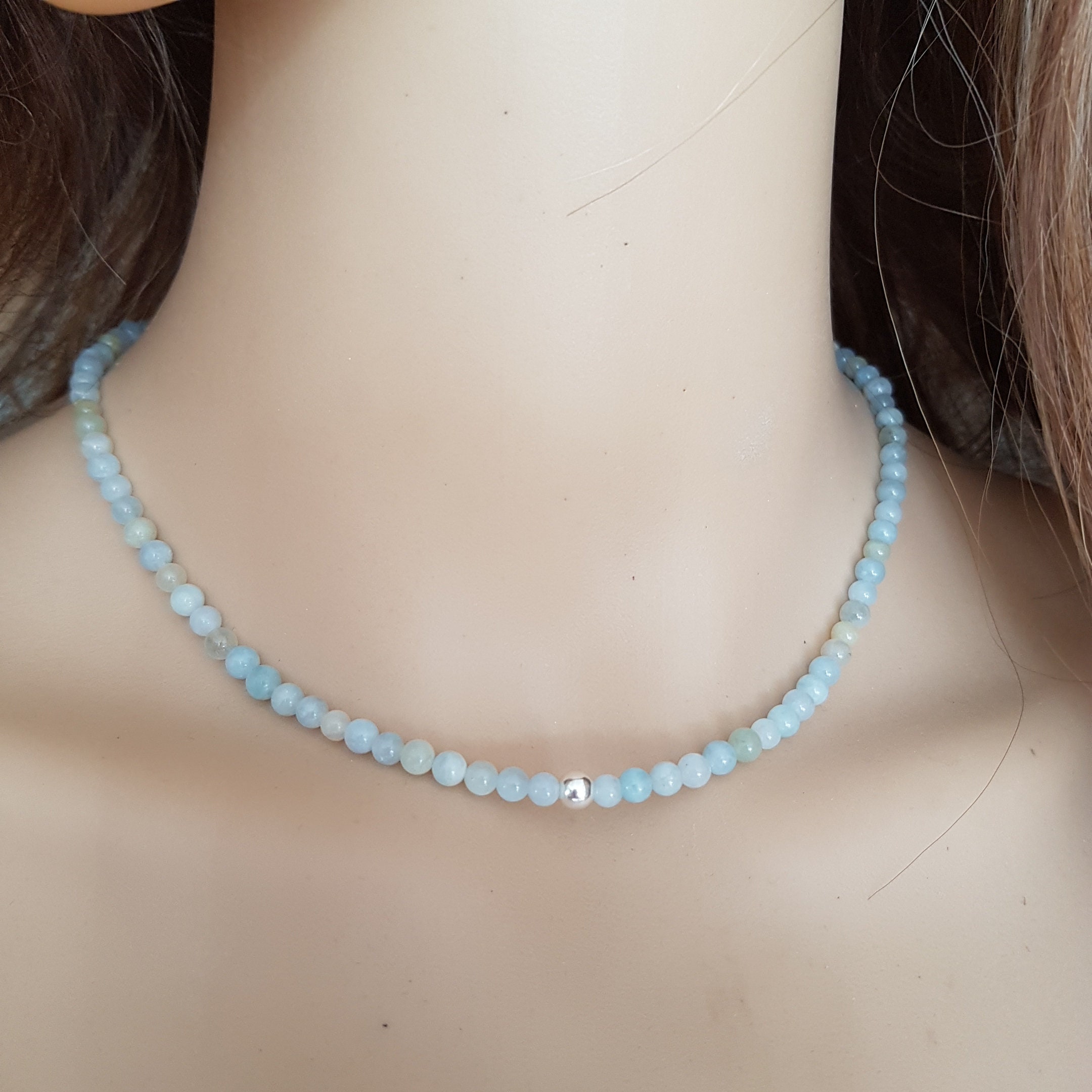 Tiny Aquamarine choker necklace Sterling Silver Goldfill 4mm natural ...