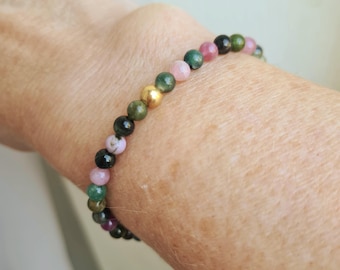 Watermelon Tourmaline STRETCH Bracelet Sterling Silver or Gold Fill 4mm Tourmaline gemstone bead bracelet October Birthstone jewellery gift