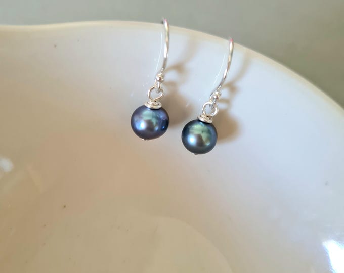 Teal Peacock Freshwater pearl earrings Sterling Silver or 14K Gold Fill 6mm green real pearl drop earrings June Birthstone jewellery gift