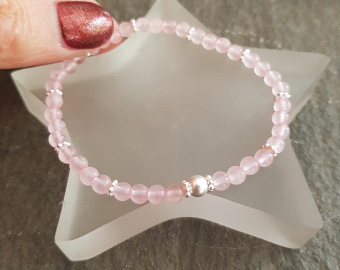 Tiny ROSE QUARTZ gemstone bead stretch Bracelet with Sterling Silver or 14K Gold Fill bead - January Birthstone jewellery gift