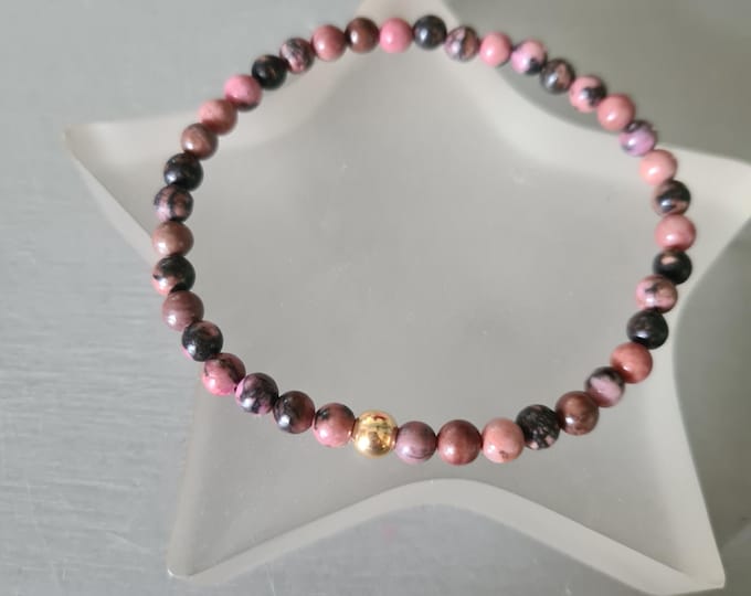 PINK RHODONITE stretch Bracelet Sterling Silver Gold Fill tiny 4mm small gemstone bead bracelet Stacking jewelry Boho chakra jewellery gift