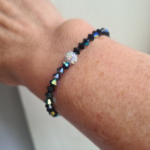 Black AB crystal stretch bracelet Sterling Silver or Gold Fill tiny 4mm black crystal stacking bead bracelet jewellery gift for her girl her