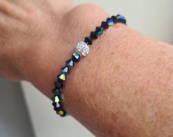 Black AB crystal stretch bracelet Sterling Silver or Gold Fill tiny 4mm black crystal stacking bead bracelet jewellery gift for her girl her