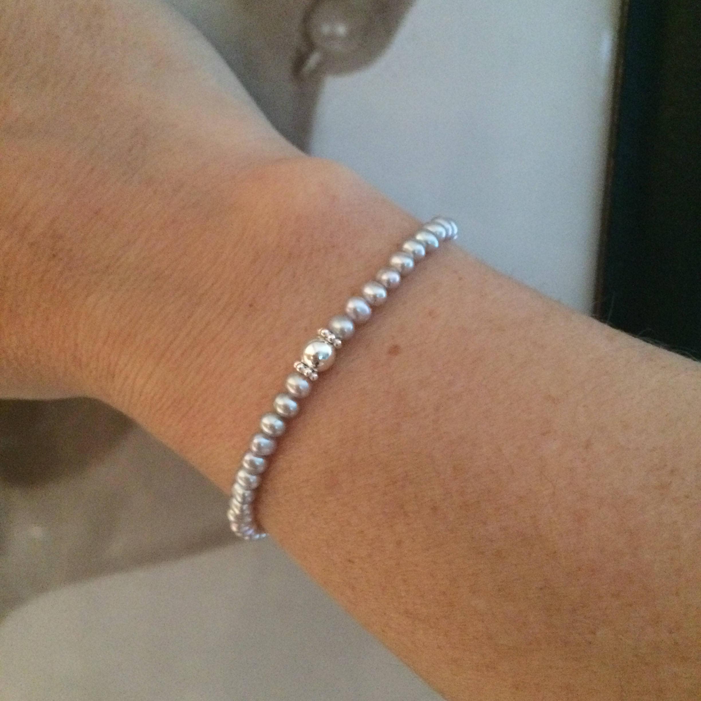 Skinny grey Freshwater seed Pearl STRETCH Bracelet with Sterling Silver ...