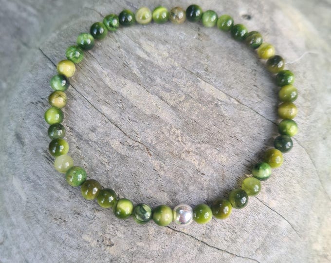 Green TIGERS EYE Bracelet Sterling Silver or Gold Fill tiny 4mm green gemstone Bead stretch Bracelet Tiger's Eye Solar Chakra jewellery Gift