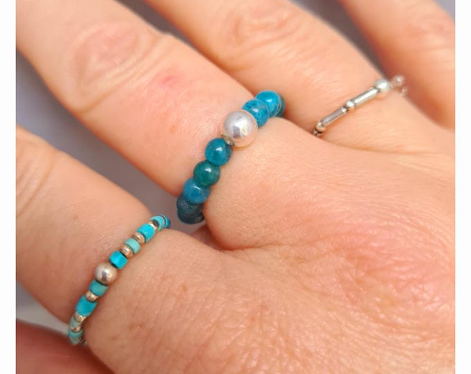 Blue Apatite stretch ring Sterling Silver or Gold fill small 4mm gemstone bead Ring throat chakra ring Apatite jewellery gift for men girl